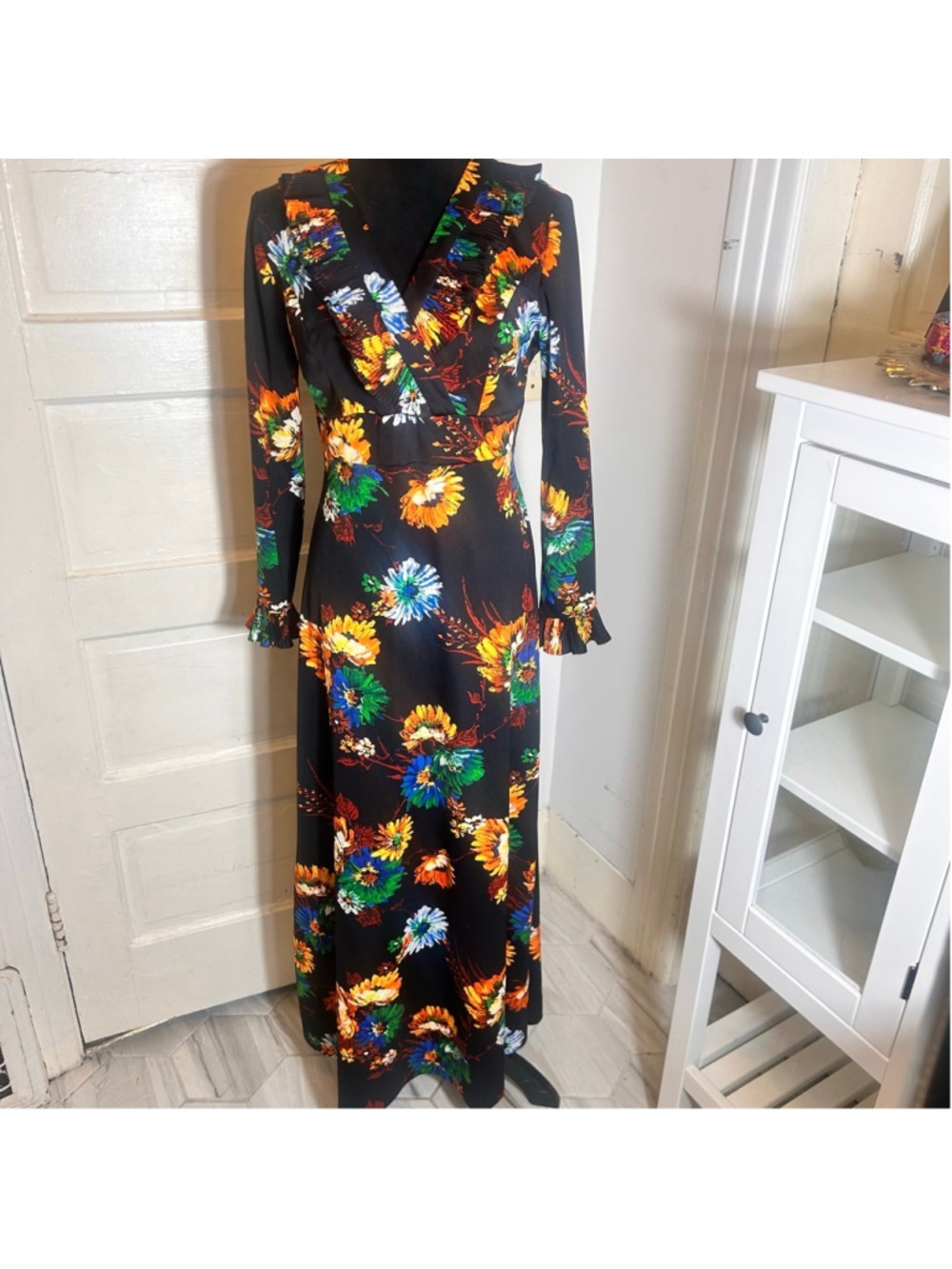Women's Retro Gina Rinaldi Floral Maxi Boho Dress M Black Multicolor Dopamine